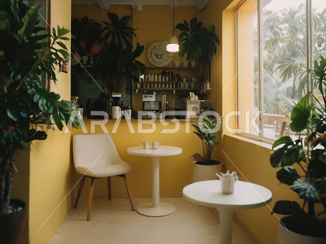 التصاميم الداخلية والديكورات للكافيهات والمطاعم، صالة مقهى بديكورات وألوان جذابة، أثاث داخلي راقي باللون الاصفر لمطعم على الطراز الحديث في المملكة العربية السعودية، استخدام النبات الداخلي في الزينة