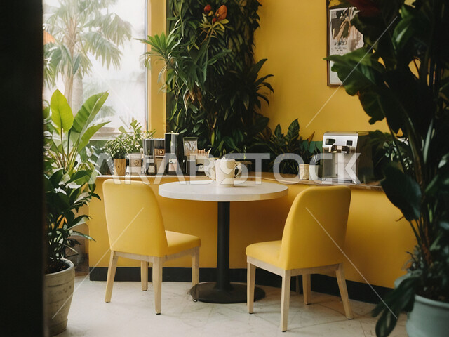 التصاميم الداخلية والديكورات للكافيهات والمطاعم، صالة مقهى بديكورات وألوان جذابة، أثاث داخلي راقي باللون الاصفر لمطعم على الطراز الحديث في المملكة العربية السعودية، استخدام النبات الداخلي في الزينة