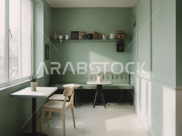 التصاميم الداخلية والديكورات للكافيهات والمطاعم، صالة مقهى بديكورات وألوان جذابة، أثاث داخلي راقي باللونين الاخضر والابيض لمطعم على الطراز الحديث في المملكة العربية السعودية
