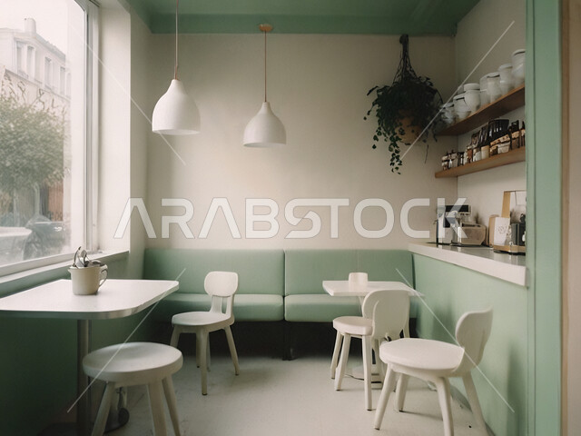 الديكورات والتصاميم الداخلية للكافيهات والمطاعم، صالة مقهى بديكورات وألوان جذابة، أثاث داخلي راقي باللونين الاخضر والابيض لمطعم على الطراز الحديث في المملكة العربية السعودية