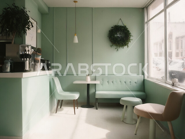 التصاميم الداخلية والديكورات للكافيهات والمطاعم، صالة مقهى بديكورات وألوان جذابة، أثاث داخلي راقي باللونين الاخضر والابيض لمطعم على الطراز الحديث في المملكة العربية السعودية