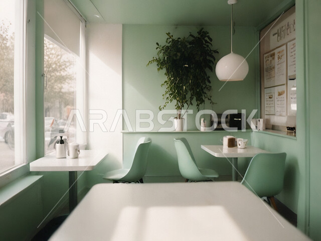 صالة مقهى بديكورات وألوان جذابة، الديكورات والتصاميم الداخلية للكافيهات والمطاعم، أثاث داخلي راقي باللونين الاخضر والابيض لمطعم على الطراز الحديث في المملكة العربية السعودية