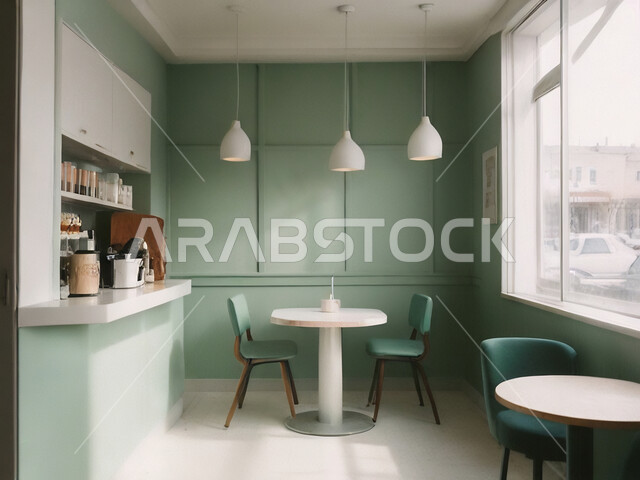 صالة مقهى بديكورات وألوان جذابة، الديكورات والتصاميم الداخلية للكافيهات والمطاعم، أثاث داخلي راقي باللونين الاخضر والابيض لمطعم على الطراز الحديث في المملكة العربية السعودية
