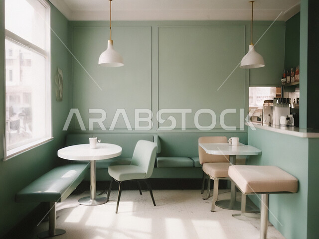 التصاميم الداخلية والديكورات للكافيهات والمطاعم، صالة مقهى بديكورات وألوان جذابة، أثاث داخلي راقي باللونين الاخضر والابيض لمطعم على الطراز الحديث في المملكة العربية السعودية