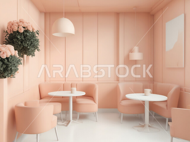 صالة مقهى بديكورات وألوان جذابة، الديكورات والتصاميم الداخلية للكافيهات والمطاعم، أثاث داخلي راقي باللون الوردي لمطعم على الطراز الحديث في المملكة العربية السعودية