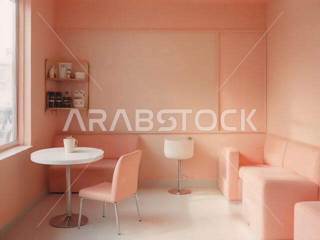 صالة مقهى بديكورات وألوان جذابة، الديكورات والتصاميم الداخلية للكافيهات والمطاعم، أثاث داخلي راقي باللون الوردي لمطعم على الطراز الحديث في المملكة العربية السعودية