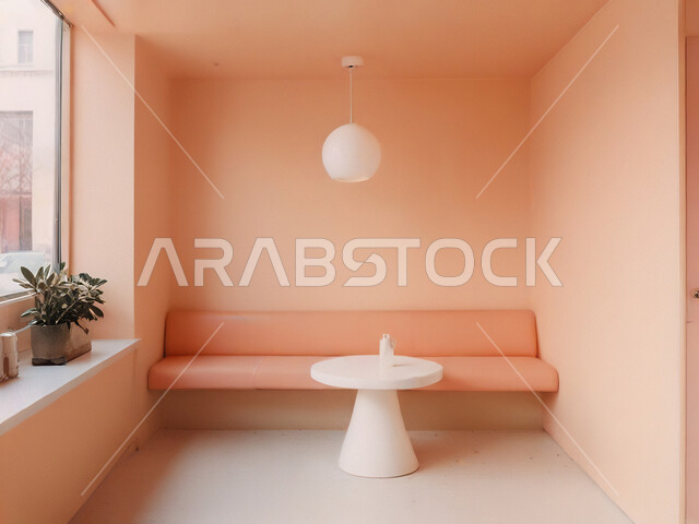 صالة مقهى بديكورات وألوان جذابة، الديكورات والتصاميم الداخلية للكافيهات والمطاعم، أثاث داخلي راقي باللون الوردي لمطعم على الطراز الحديث في المملكة العربية السعودية