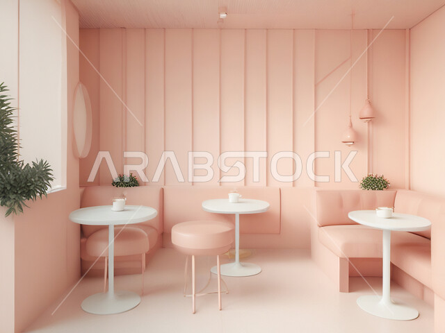 الديكورات والتصاميم الداخلية للكافيهات والمطاعم، الفن الهندسي المعماري على الطراز الحديث، أثاث داخلي راقي باللون الوردي لمطعم في المملكة العربية السعودية، صالة مقهى بديكورات وألوان جذابة