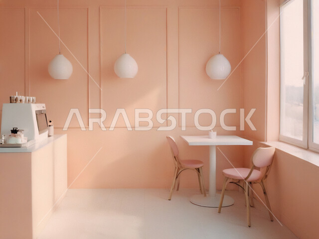 صالة مقهى بديكورات وألوان جذابة، الديكورات والتصاميم الداخلية للكافيهات والمطاعم، أثاث داخلي راقي باللون الوردي لمطعم على الطراز الحديث في المملكة العربية السعودية