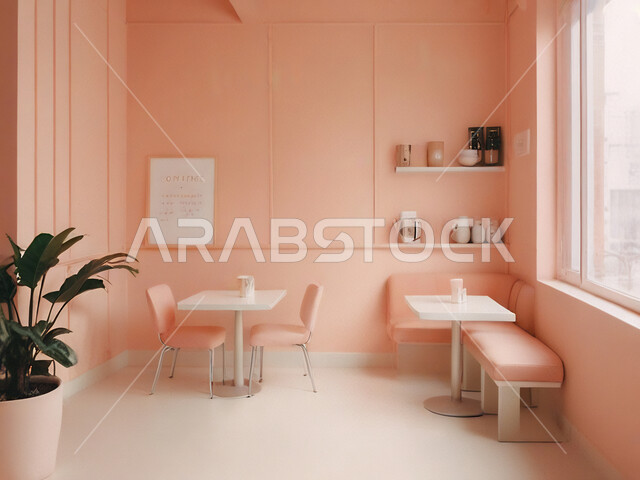 الفن الهندسي المعماري على الطراز الحديث، أثاث داخلي راقي باللون الوردي لمطعم في المملكة العربية السعودية، صالة مقهى بديكورات وألوان جذابة، الديكورات والتصاميم الداخلية للكافيهات والمطاعم
