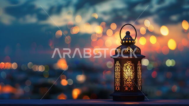 مصباح معدني مضيء على شرفة إحدى الأبنية في وقت الغروب، ديكورات وتحف الشهر الفضيل، الأجواء الروحانية الرمضانية، الاحتفال بالمناسبات والأعياد الدينية في المملكة العربية السعودية، صورة مقربة لفانوس عربي مزخرف بزخارف إسلامية، زينة رمضان المبارك، خلفية ضبابية