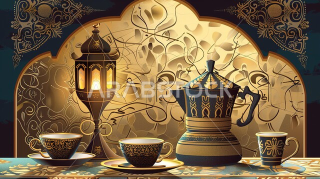 الكرم وحسن الضيافة والإستقبال عند العرب، الاحتفال بشهر رمضان المبارك والأعياد  الدينية، تقديم المشروبات الساخنة، رسوم توضيحية ثلاثية الأبعاد لدلة قهوة باللون الأسود والذهبي مع فناجين وفانوس مضيء، الجدران المزخرفة بزخارف عربية، خلفية رمضانية إسلامية