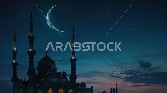 Performing obligatory prayers and prayers, the concept of worship and getting closer to God, Ramadan religious backgrounds, distinct decorations and designs in the Islamic style of domes and minarets, architectural engineering art of mosques, a silhouette of a luxurious Arab mosque, a view of the sky full of clouds with the crescent moon.