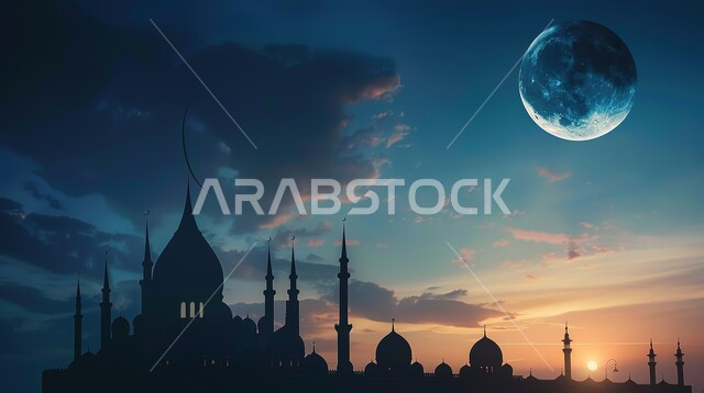 Ramadan religious backgrounds, the concept of worship and closeness to God, the distinctive decorations of domes and minarets in the Islamic style, the geometric architectural art of mosques, the silhouette of a luxurious Arab mosque, performing obligatory prayers and prayers, the view of the sky full of clouds with the full moon at sunrise time
