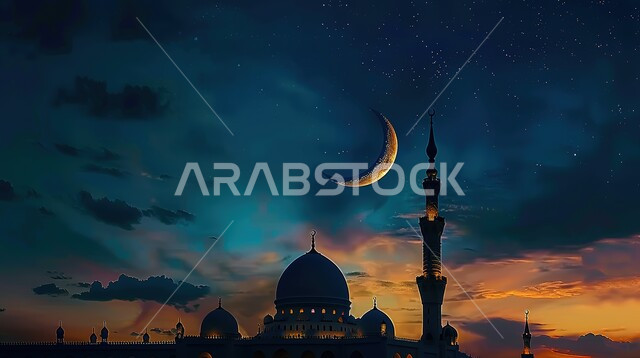 الفن الهندسي المعماري للمساجد، مفهوم العبادة والتقرب إلى الله، خلفيات دينية رمضانية، ديكورات وتصاميم متميزة على الطراز الاسلامي للقبب والمآذن،  أداء الفرائض والصلوات، صورة ظلية لمسجد عربي فاخر، منظر السماء المليئة بالغيوم مع الهلال