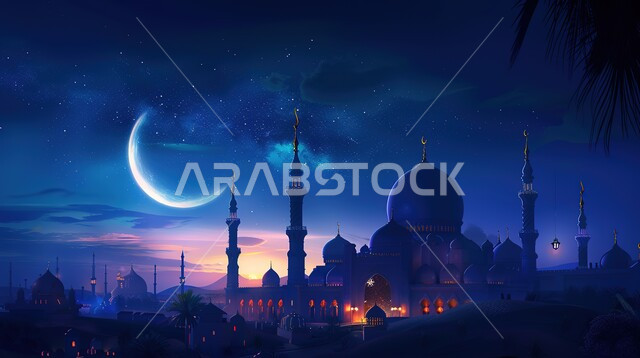 The concept of worship and closeness to God, Ramadan religious backgrounds, the distinctive decorations of domes and minarets in the Islamic style, the architectural art of mosques, the silhouette of a luxurious Arab mosque, performing obligatory prayers and prayers, a view of the sky full of clouds with the crescent moon.