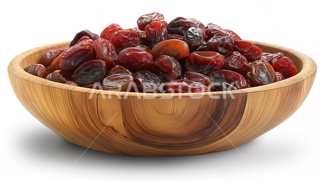 طبق خشبي مليء بالتمر السكري الصحي الطازج، وجبة ذات قيمة غذائية عالية، ضيافة رمضانية لذيذة، رطب من نخيل المملكة العربية السعودية، محاصيل ومنتجات زراعية محلية وطنية، خلفية بيضاء