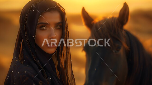 مفهوم الفروسية وهواية ركوب الخيل، النظر الى الكاميرا بتعابير الفخر, اتباع تقاليد الأجداد في رعاية وتربية الجياد العربية الأصيلة، صورة مقربة لامرأة عربية خليجية سعودية محجبة ترتدي العباءه السوداء تقف بجانب فرس بني أصيل, إرث الأجداد في رعاية وتربية الخيول