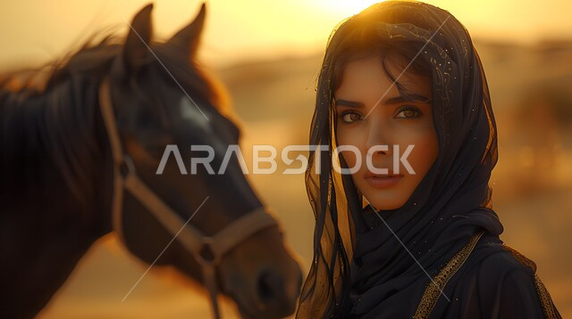 النظر الى الكاميرا بتعابير الفخر, اتباع تقاليد الأجداد في رعاية وتربية الجياد العربية الأصيلة، مفهوم الفروسية وهواية ركوب الخيل، صورة مقربة لامرأة عربية خليجية سعودية محجبة ترتدي العباءه السوداء تقف بجانب فرس بني أصيل, إرث الأجداد في رعاية وتربية الخيول