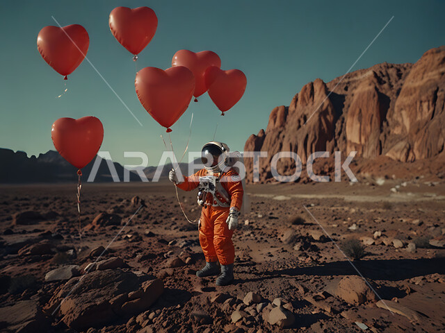 التقدم التقني والذكاء الإصطناعي، التطور الرقمي وتكنولوجيا المستقبل، الفضاء الخارجي وعلم الفلك، رائد فضاء على سطح كوكب المريخ، الأجواء الرومانسية في الفالنتاين، بلالين حمراء على شكل قلب بمناسبة عيد الحب