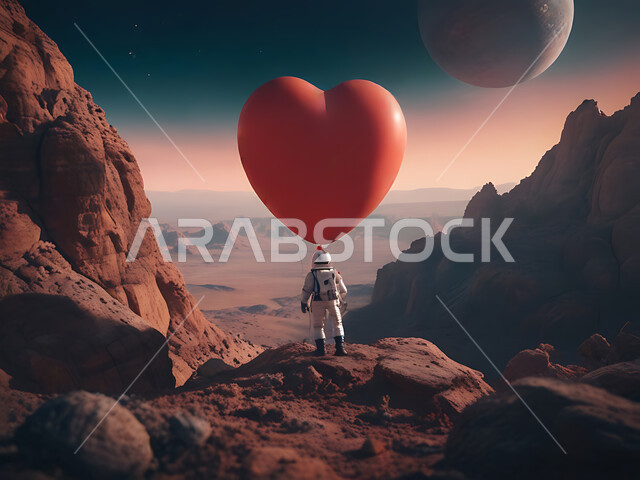 الذكاء الإصطناعي والتقدم التقني، التطور الرقمي وتكنولوجيا المستقبل، الفضاء الخارجي وعلم الفلك، رائد فضاء على سطح كوكب المريخ، الأجواء الرومانسية في الفالنتاين، بلالين حمراء على شكل قلب بمناسبة عيد الحب