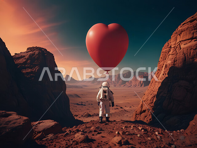 التطور الرقمي وتكنولوجيا المستقبل، الفضاء الخارجي وعلم الفلك، رائد فضاء على سطح كوكب المريخ، الأجواء الرومانسية في الفالنتاين، بلالين حمراء على شكل قلب بمناسبة عيد الحب، الذكاء الإصطناعي والتقدم التقني