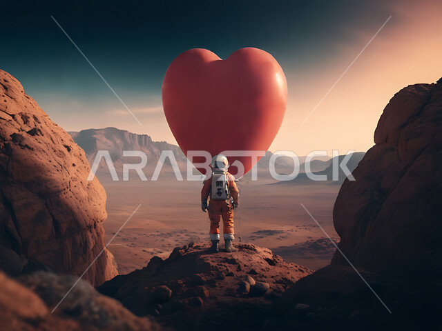 الفضاء الخارجي وعلم الفلك، رائد فضاء على سطح كوكب المريخ، الأجواء الرومانسية في الفالنتاين، بلالين حمراء على شكل قلب بمناسبة عيد الحب، تكنولوجيا المستقبل والتطور الرقمي، الذكاء الإصطناعي والتقدم التقني