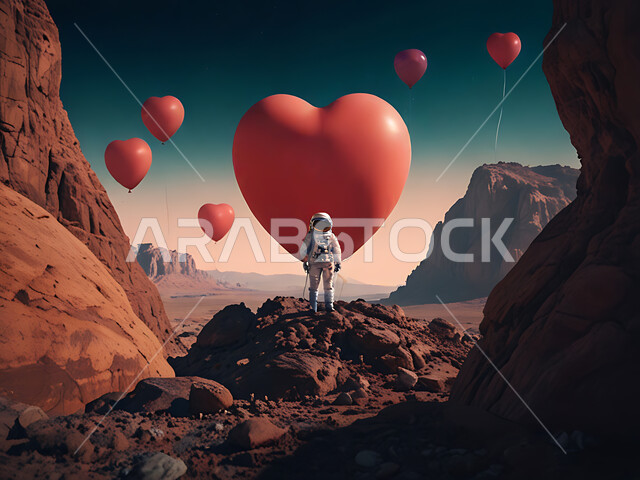 رائد فضاء على سطح كوكب المريخ، الأجواء الرومانسية في الفالنتاين، بلالين حمراء على شكل قلب بمناسبة عيد الحب، علم الفلك والفضاء الخارجي، تكنولوجيا المستقبل والتطور الرقمي، الذكاء الإصطناعي والتقدم التقني