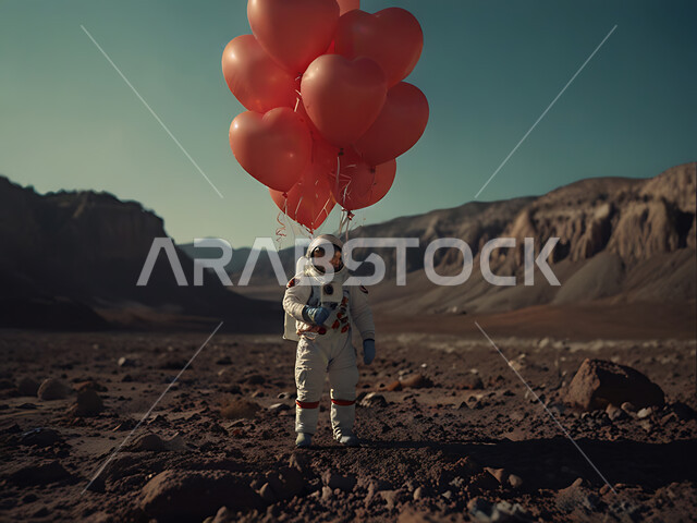 الأجواء الرومانسية في الفالنتاين، بلالين حمراء على شكل قلب بمناسبة عيد الحب، رائد فضاء على سطح كوكب المريخ، علم الفلك والفضاء الخارجي، تكنولوجيا المستقبل والتطور الرقمي، الذكاء الإصطناعي والتقدم التقني