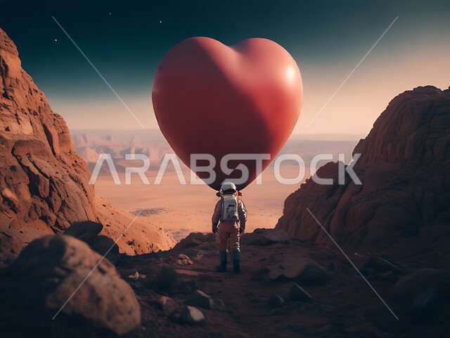 بلالين حمراء على شكل قلب بمناسبة عيد الحب، الأجواء الرومانسية في الفالنتاين، رائد فضاء على سطح كوكب المريخ، علم الفلك والفضاء الخارجي، تكنولوجيا المستقبل والتطور الرقمي، الذكاء الإصطناعي والتقدم التقني
