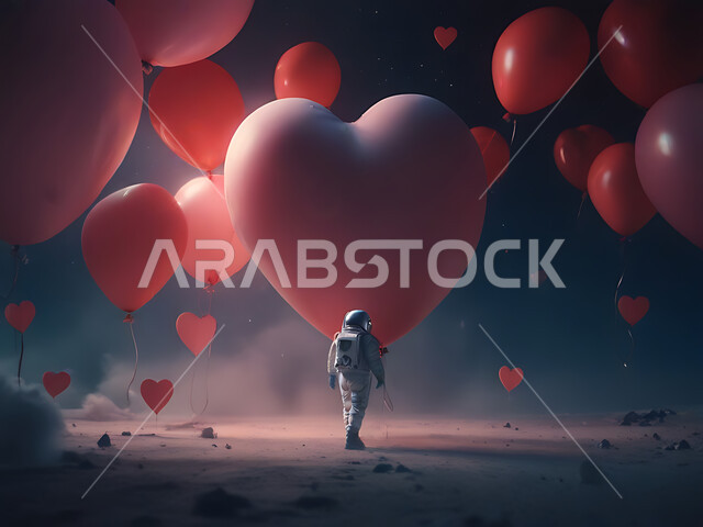 أشكال قلوب حمراء للبلالين بمناسبة عيد الحب، الذكاء الإصطناعي والتقدم التقني، تكنولوجيا المستقبل والتطور الرقمي، علم الفلك والفضاء الخارجي، رائد فضاء على سطح كوكب المريخ، الأجواء الرومانسية في الفالنتاين