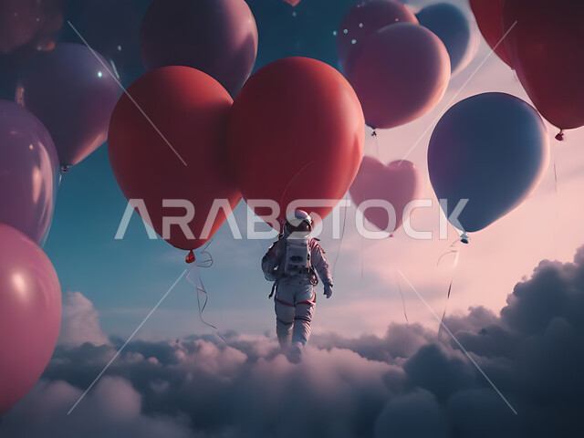 Technological progress and artificial intelligence, future technology and digital development, astronomy and outer space, astronaut on the surface of Mars, romantic atmosphere on Valentine's Day, red heart-shaped balloons for Valentine's Day