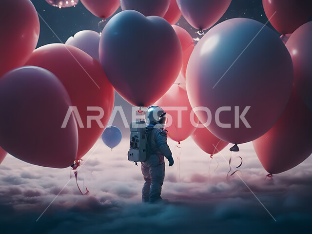 Future technology and digital development, astronomy and outer space, astronaut on Mars, romantic atmosphere on Valentine's Day, red heart-shaped balloons on Valentine's Day, technological progress and artificial intelligence