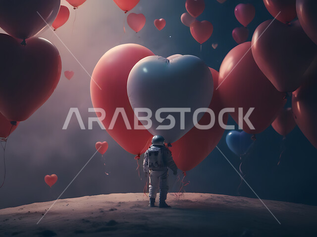 التطور الرقمي وتكنولوجيا المستقبل، علم الفلك والفضاء الخارجي، رائد فضاء على سطح كوكب المريخ، الأجواء الرومانسية في الفالنتاين، بلالين حمراء على شكل قلب بمناسبة عيد الحب، التقدم التقني والذكاء الإصطناعي