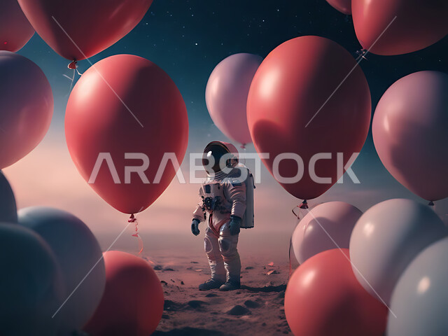 علم الفلك والفضاء الخارجي، رائد فضاء على سطح كوكب المريخ، الأجواء الرومانسية في الفالنتاين، بلالين حمراء على شكل قلب بمناسبة عيد الحب، التقدم التقني والذكاء الإصطناعي، التطور الرقمي وتكنولوجيا المستقبل