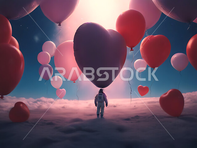 الفضاء الخارجي وعلم الفلك، رائد فضاء على سطح كوكب المريخ، الأجواء الرومانسية في الفالنتاين، بلالين حمراء على شكل قلب بمناسبة عيد الحب، التقدم التقني والذكاء الإصطناعي، التطور الرقمي وتكنولوجيا المستقبل