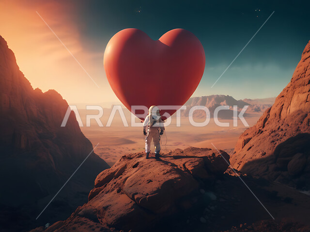رائد فضاء على سطح كوكب المريخ، الأجواء الرومانسية في الفالنتاين، بلالين حمراء على شكل قلب بمناسبة عيد الحب، التقدم التقني والذكاء الإصطناعي، التطور الرقمي وتكنولوجيا المستقبل، الفضاء الخارجي وعلم الفلك
