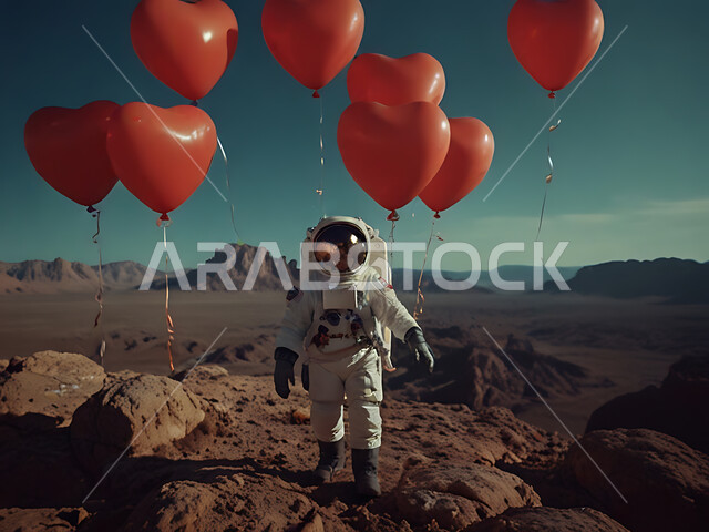 الأجواء الرومانسية في الفالنتاين، بلالين حمراء على شكل قلب بمناسبة عيد الحب، التقدم التقني والذكاء الإصطناعي، التطور الرقمي وتكنولوجيا المستقبل، الفضاء الخارجي وعلم الفلك، رائد فضاء على سطح كوكب المريخ