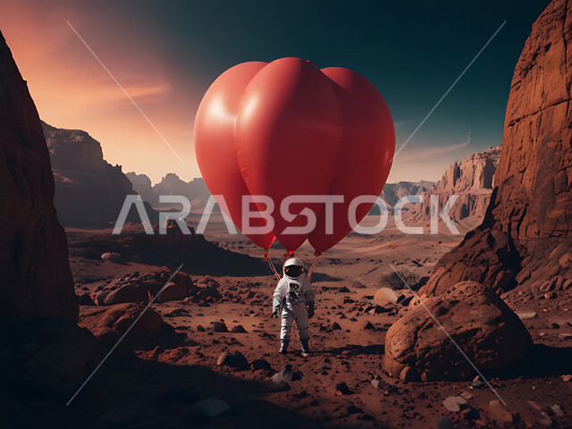 بلالين حمراء على شكل قلب بمناسبة عيد الحب، التقدم التقني والذكاء الإصطناعي، التطور الرقمي وتكنولوجيا المستقبل، الفضاء الخارجي وعلم الفلك، رائد فضاء على سطح كوكب المريخ، الأجواء الرومانسية في الفالنتاين