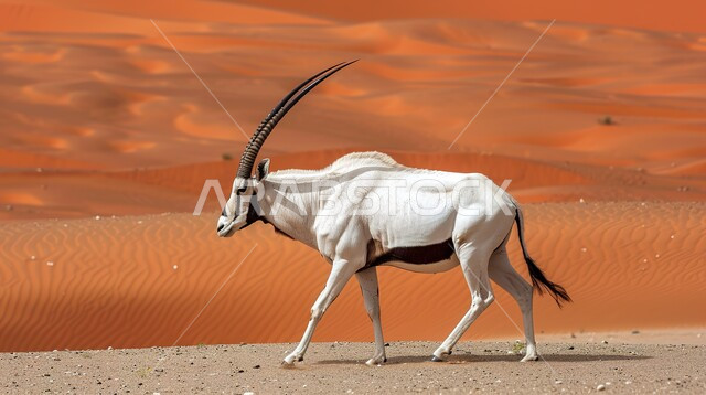 غزال أبيض اللون بقرون طويلة مستقيمة، تلال من الكثبان الرملية الناعمة الحمراء، الطبيعة الصحراوية في دبي، حيوان المها العربي في إحدى المحميات الطبيعية في الإمارات العربية المتحدة