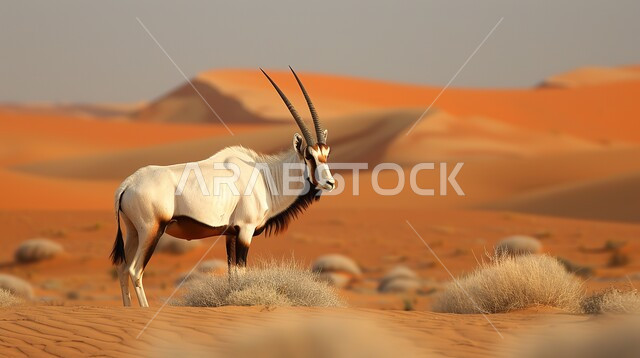 تلال من الكثبان الرملية الناعمة، الطبيعة الصحراوية في دبي، غزال أبيض اللون بقرون طويلة مستقيمة، حيوان المها العربي في إحدى المحميات الطبيعية في الإمارات العربية المتحدة