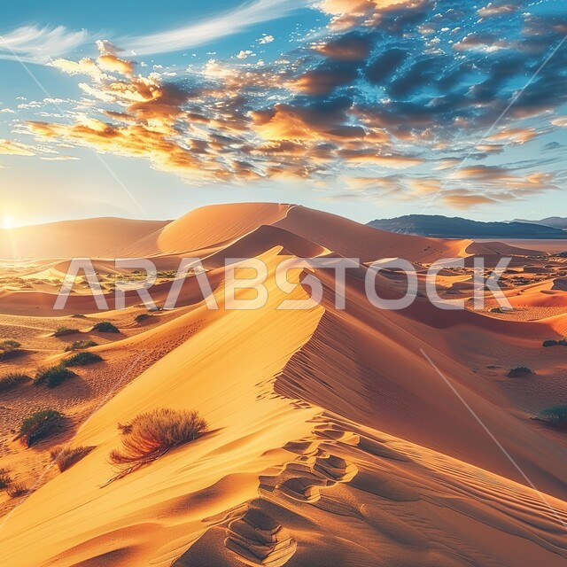 Sand formations and formations in the Great Arabian Desert, the heights and terrains and mountain peaks in the wilderness, the desert areas and the desert natural environment, plateaus and hills of soft golden sand, the reflection of the sun's rays on the sand, the view of the sky filled with clouds during the day