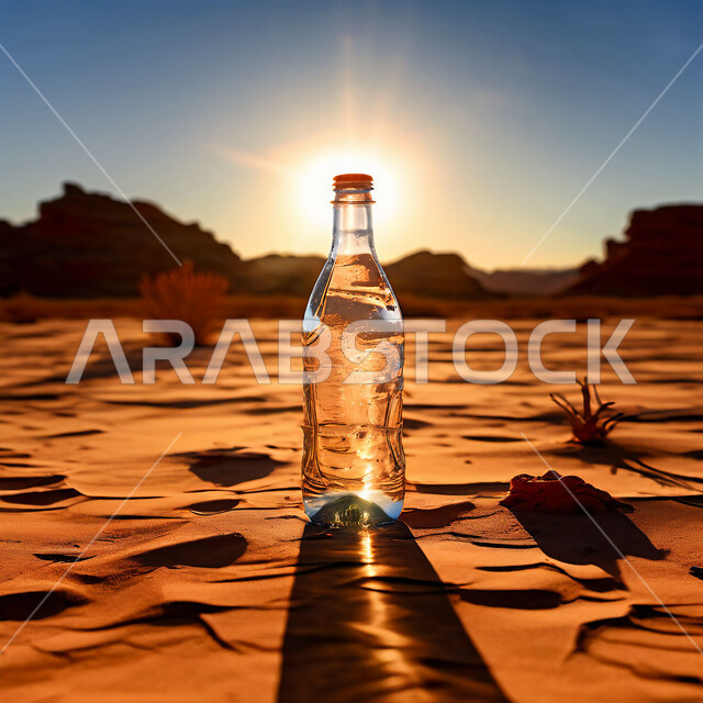 Badia regions and the natural environment in the Kingdom of Saudi Arabia, soft golden sand in desert places, view of hills and sand dunes, a bottle filled with water under the sun in the middle of the desert