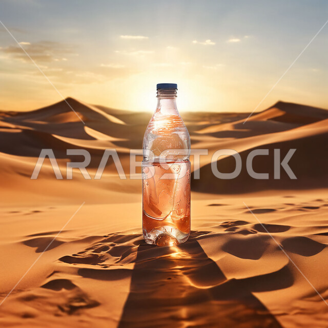 زجاجة مملوءة بالماء تحت أشعة الشمس وسط الصحراء، منظر التلال والكثبان الرملية، الرمال الذهبية الناعمة في الأماكن الصحراوية، مناطق البادية والبيئة الطبيعية في المملكة العربية السعودية