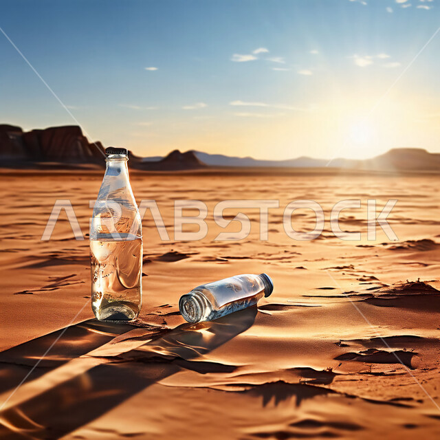 مناطق البادية والبيئة الطبيعية في المملكة العربية السعودية، الرمال الذهبية الناعمة في الأماكن الصحراوية، منظر التلال والكثبان الرملية، زجاجتين مملوئتين بالماء تحت أشعة الشمس وسط الصحراء