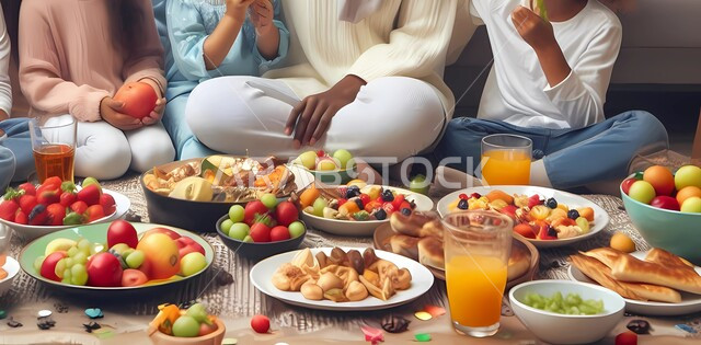 قضاء أوقات ممتعة مع الاسرة في المنزل، وليمة طعام مليئة بالوجبات المتنوعة، التجمعات العائلية في شهر رمضان , صورة مقربة لعائلة عربية خليجية سعودية يجلسون على مائدة الطعام المليئة بأصناف المأكولات والمشروبات المتنوعة والشهية