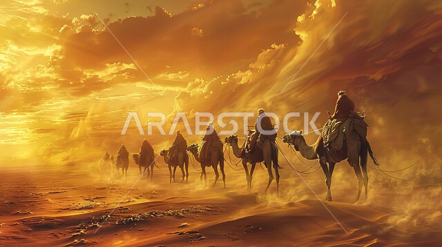 منظر السماء الضبابية الملبدة بالغيوم، مناطق البادية والطبيعية الصحراوية، رسوم توضيحية لقافلة من الجمال تسير فوق الرمال الناعمة في الصحراء العربية الكبرى، الحياة البدوية الشعبية والتنقل على ظهر الإبل في القدم