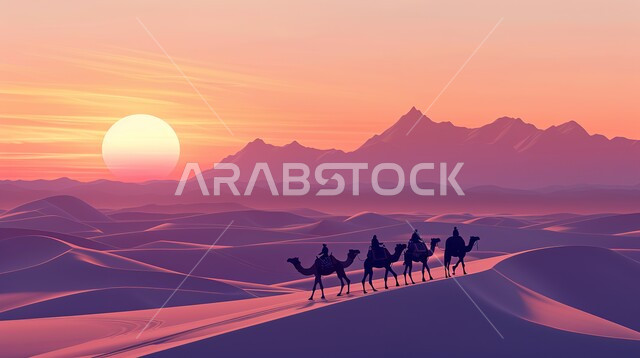 التلال والهضاب من الرمال الناعمة، مناطق البادية والبيئة الطبيعية الصحراوية، صورة ظلية لقافلة من الجمال تسير فوق الكثبان الرملية في الصحراء العربية الكبرى، الحياة البدوية الشعبية والتنقل على ظهر الإبل في القدم، منظر الشمس في السماء في وقت الغروب