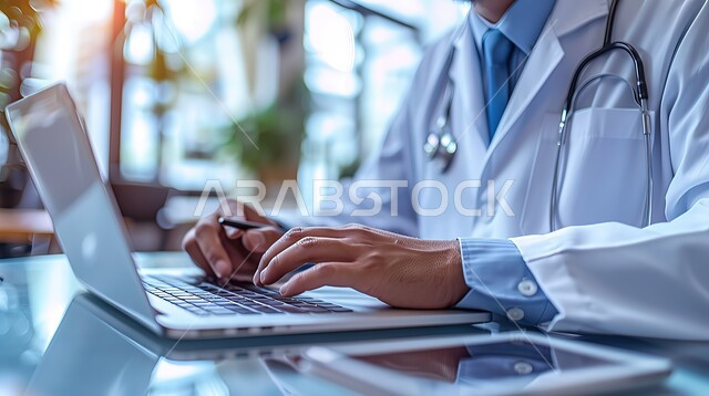 استخدام التقنيات الحديثة في العمل في المستشفيات والمراكز العلاجية، صورة مقربة لأيدي طبيب عربي خليجي سعودي يرتدي المعطف الطبي ويضع السماعة الطبية ويستخدم جهاز الحاسوب المحمول، تقديم الخدمات الصحية للمرضى في المملكة العربية السعودية