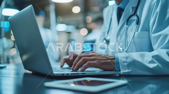 استخدام التقنيات الحديثة في العمل في المستشفيات والمراكز العلاجية، صورة مقربة لأيدي طبيب عربي خليجي سعودي يرتدي المعطف الطبي ويضع السماعة الطبية ويستخدم جهاز الحاسوب المحمول، تقديم الخدمات الصحية للمرضى في المملكة العربية السعودية